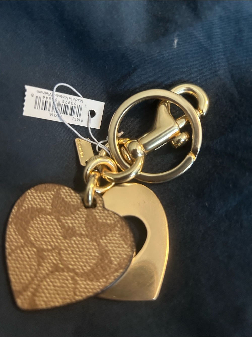 Coach Gold-Tone Double Heart Keyring with Tan Leather Charm